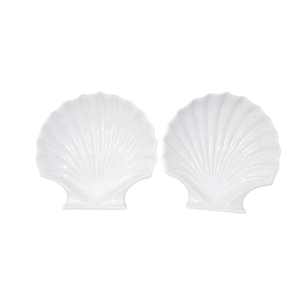 Vintage White Ceramic Scallop Shell Trinket Dish Set of 2 Coastal Decor Dishes